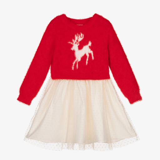 Hatley-Girls Red & Ivory Reindeer Dress | Childrensalon
