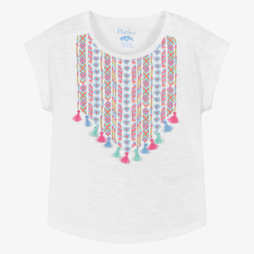 Hatley-Girls White Embroidered Cotton T-Shirt | Childrensalon