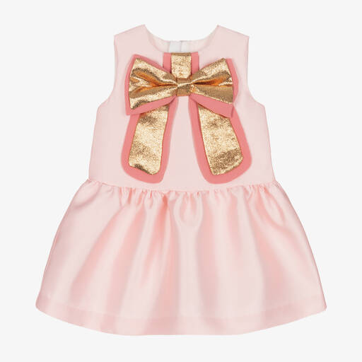 Hucklebones London-Baby Girls Pink Satin Bow Dress | Childrensalon