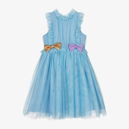 Hucklebones London-Girls Blue Tulle & Bow Dress | Childrensalon