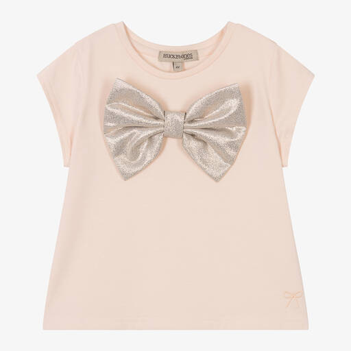 Hucklebones London-Girls Pink Cotton & Modal Bow T-Shirt | Childrensalon