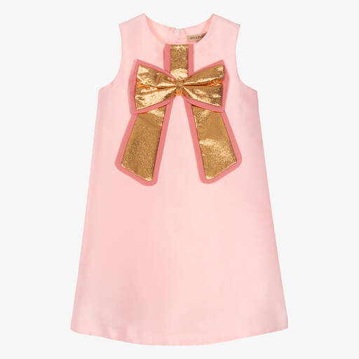 Hucklebones London-Girls Pink Satin & Gold Bow Dress | Childrensalon