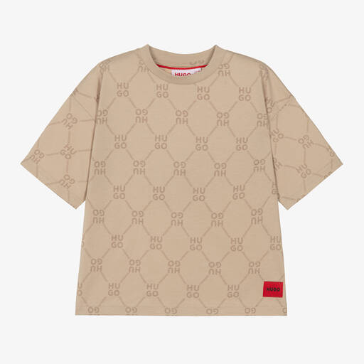 HUGO-Boys Beige Monogram Cotton T-Shirt | Childrensalon