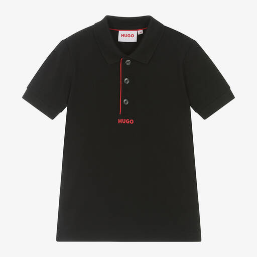 HUGO-Boys Black Cotton Polo Shirt | Childrensalon