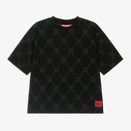 HUGO-Boys Black Monogram Cotton T-Shirt | Childrensalon