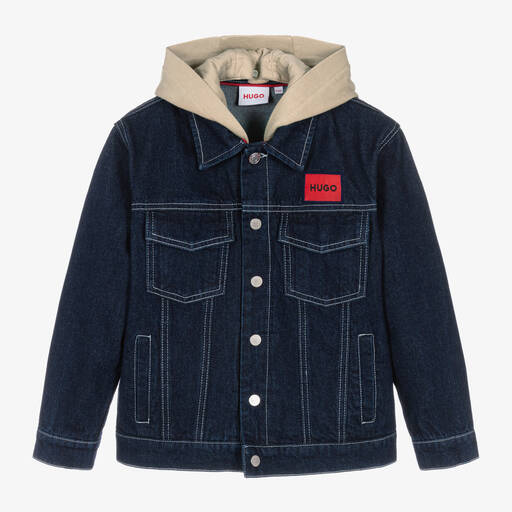 HUGO-Boys Blue Denim Hooded Jacket | Childrensalon