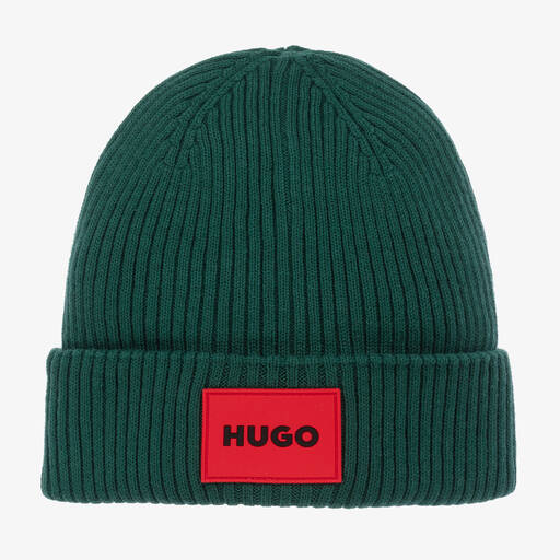 HUGO-Boys Green Cotton Knit Beanie Hat | Childrensalon
