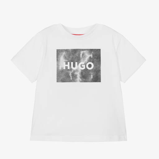 HUGO- Boys White Lightning Cotton T-Shirt | Childrensalon