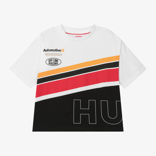 HUGO-Boys White Racing Cotton T-Shirt | Childrensalon