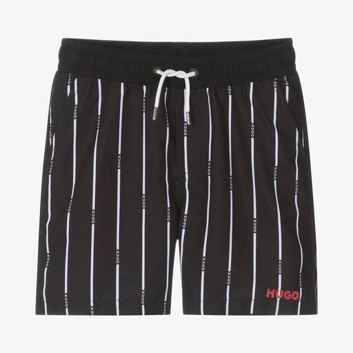 HUGO-Teen Boys Black Stripe Swim Shorts | Childrensalon