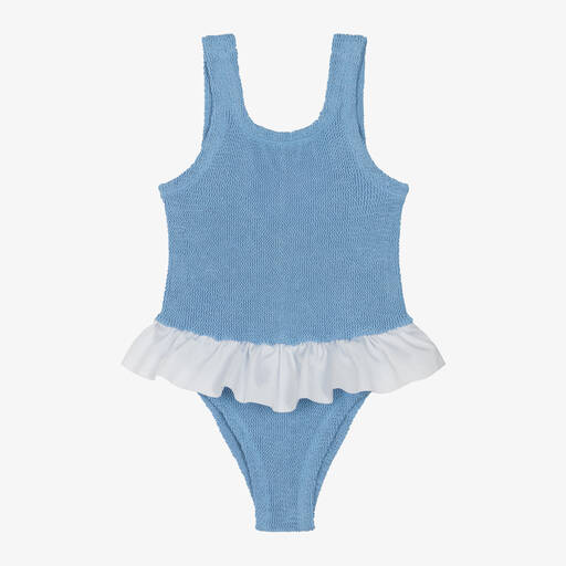 Hunza G-Girls Blue & White Frill Crinkle Swimsuit | Childrensalon