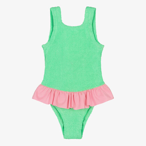 Hunza G-Girls Green Ruffle Crinkle Swimsuit | Childrensalon