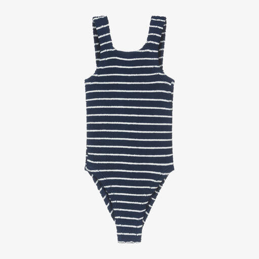 Hunza G-Girls Navy Blue Stripe Crinkle Swimsuit | Childrensalon