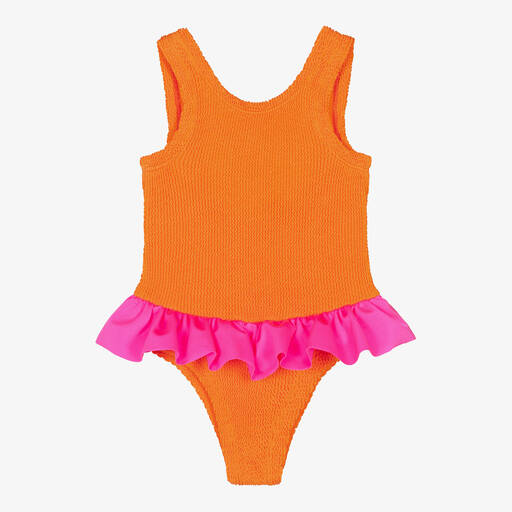 Hunza G-Girls Orange Ruffle Crinkle Swimsuit | Childrensalon