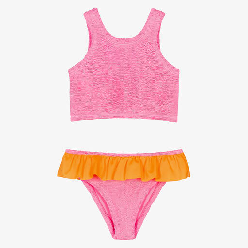 Hunza G-Girls Pink & Orange Crinkle Frill Bikini | Childrensalon
