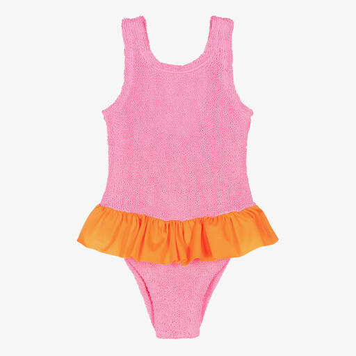 Hunza G-Girls Pink & Orange Crinkle Frill Swimsuit | Childrensalon