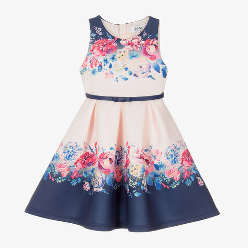 iAMe-Girls Pink & Blue Floral Belted Dress | Childrensalon