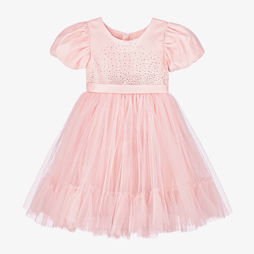 iAMe-Girls Pink Satin & Tulle Diamanté Dress | Childrensalon