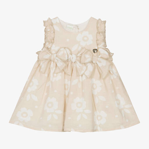 iDO Mini-Baby Girls Beige Floral Linen Dress | Childrensalon