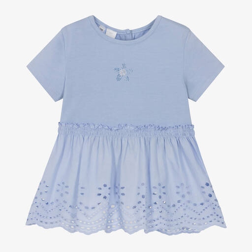 iDO Baby-Girls Blue Cotton Broderie Anglaise T-Shirt | Childrensalon