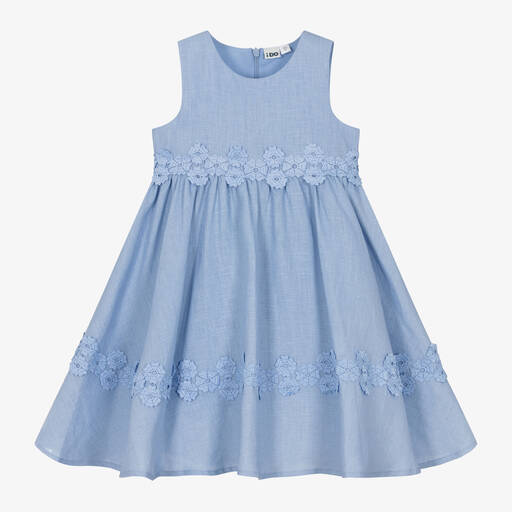 iDO Baby-فستان كتان لون أزرق مطرز بورود | Childrensalon