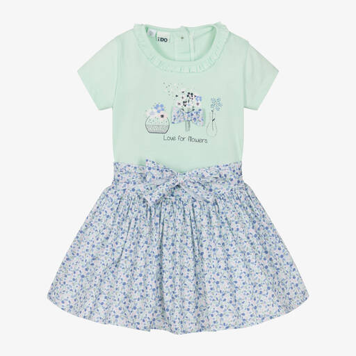 iDO Baby-Girls Green Cotton Floral Skirt Set | Childrensalon
