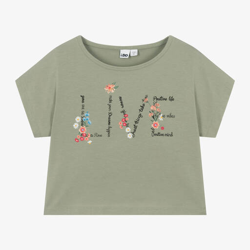iDO Junior-Girls Green Floral Cotton T-Shirt | Childrensalon