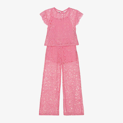 iDO Junior-Girls Pink Cotton Lace Trouser Set | Childrensalon