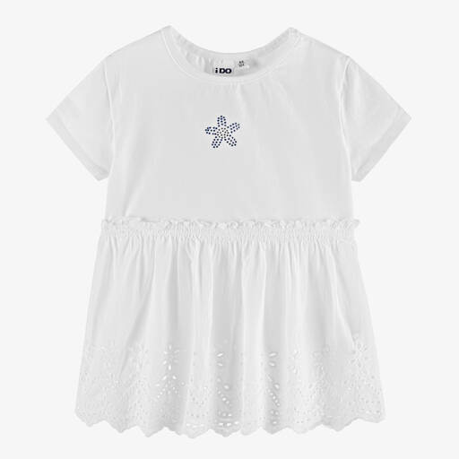 iDO Baby-Girls White Cotton Broderie Anglaise T-Shirt | Childrensalon