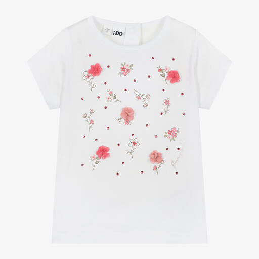 iDO Baby-Girls White Cotton Floral T-Shirt | Childrensalon