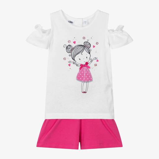 iDO Baby-Girls White & Pink Cotton Shorts Set | Childrensalon