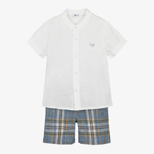 Il Gufo-Boys Blue Check Linen Shorts Set | Childrensalon