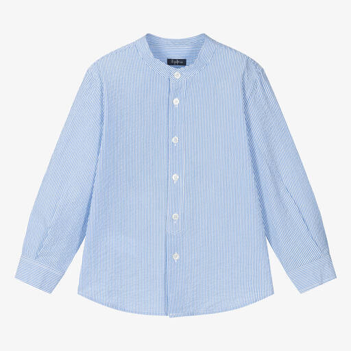 Il Gufo-قميص بلا ياقة قطن سيرسوكر لون أزرق للأولاد | Childrensalon