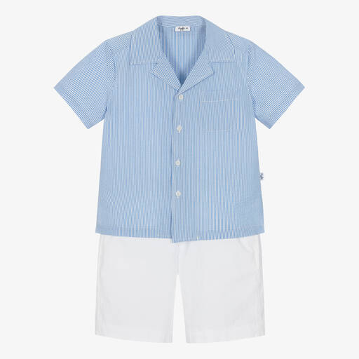 Il Gufo-Boys Blue Striped Cotton Shorts Set | Childrensalon