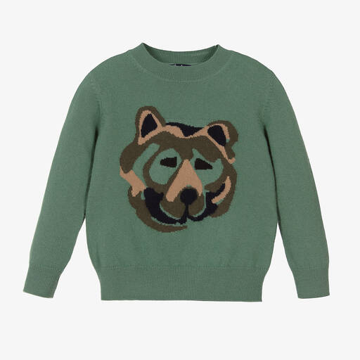 Il Gufo-Pull vert laine motif loup garçon | Childrensalon
