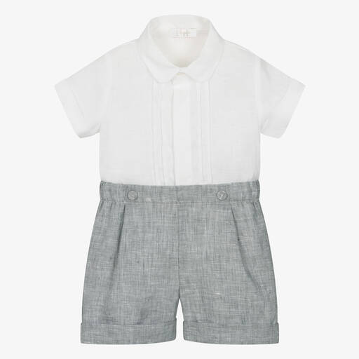 Il Gufo-Boys Grey & White Linen Shorts Set | Childrensalon