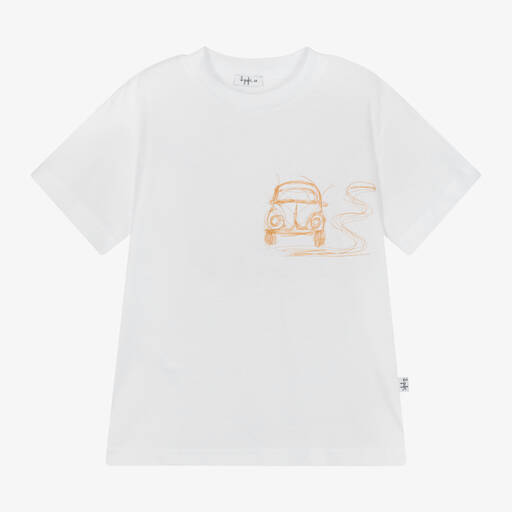 Il Gufo-Boys White Cotton Embroidered Car T-Shirt | Childrensalon