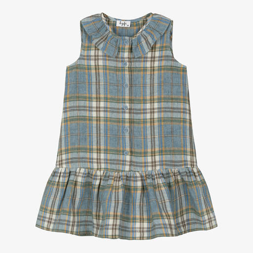 Il Gufo-Girls Blue Check Linen Dress | Childrensalon