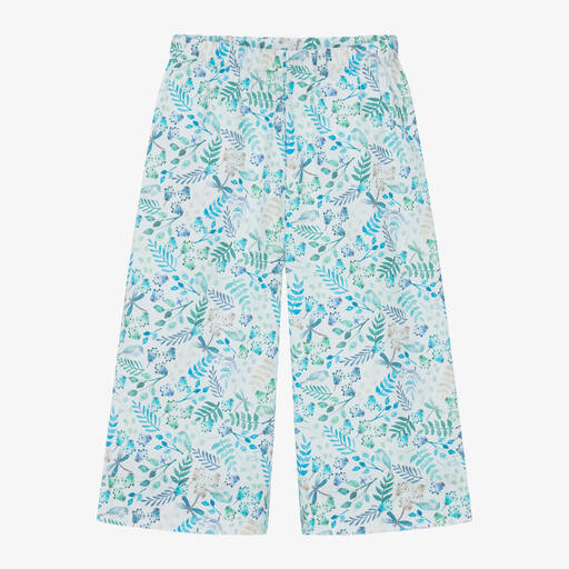 Il Gufo-Girls Blue Cotton Floral Wide Leg Trousers | Childrensalon