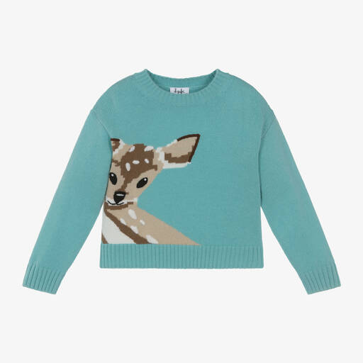 Il Gufo-Girls Blue Deer Merino Wool Sweater | Childrensalon