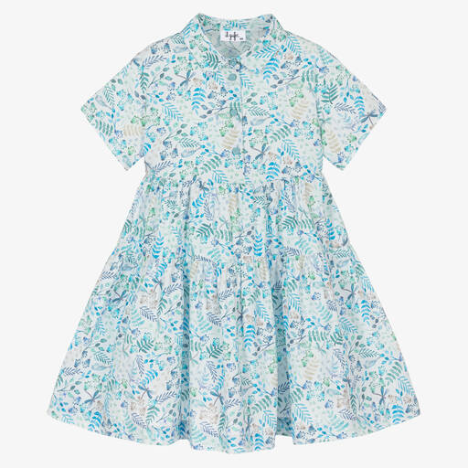 Il Gufo-Girls Blue Floral Cotton Shirt Dress | Childrensalon