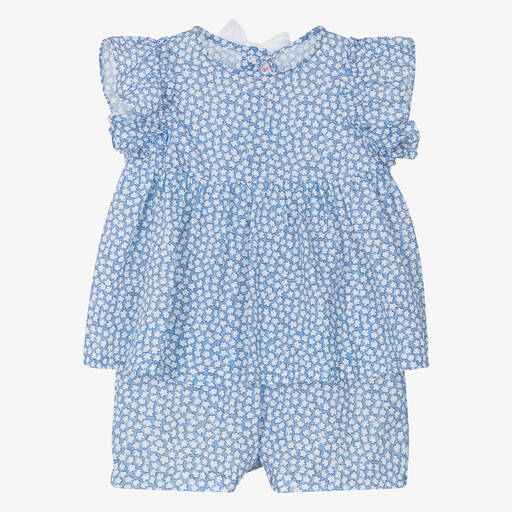 Il Gufo-Girls Blue Floral Cotton Shorts Set | Childrensalon