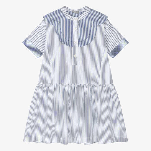 Il Gufo-Girls Blue Stripe Cotton Shirt Dress | Childrensalon