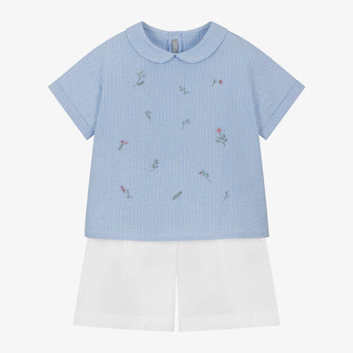 Il Gufo-Голубой топ и белые шорты из хлопка для девочек | Childrensalon
