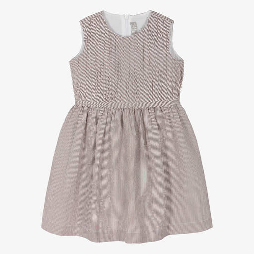 Il Gufo-Girls Brown Striped Cotton Dress | Childrensalon