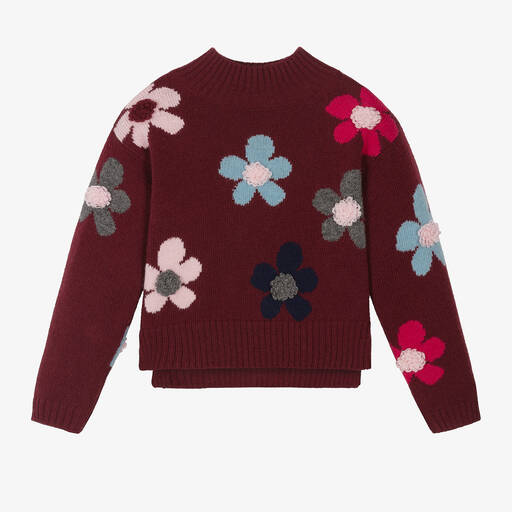 Il Gufo-Girls Burgundy Red Wool Flower Sweater | Childrensalon