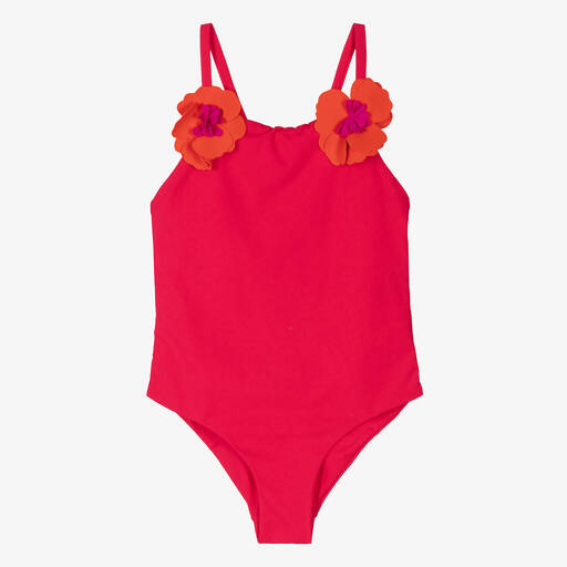 Il Gufo-Girls Dark Pink Flower Swimsuit  | Childrensalon