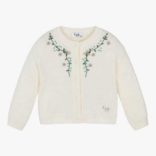 Il Gufo-Girls Ivory Embroidered Wool Knit Cardigan | Childrensalon