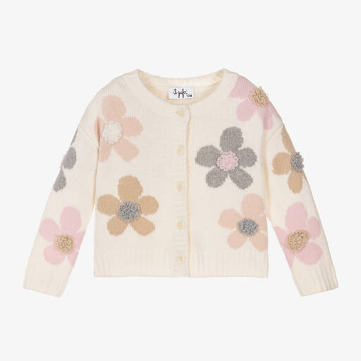 Il Gufo-Girls Ivory Floral Wool Knit Cardigan | Childrensalon