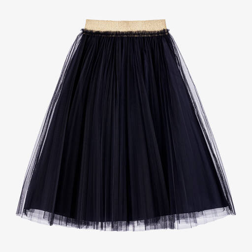 Il Gufo-Girls Navy Blue Pleated Maxi Tulle Skirt | Childrensalon
